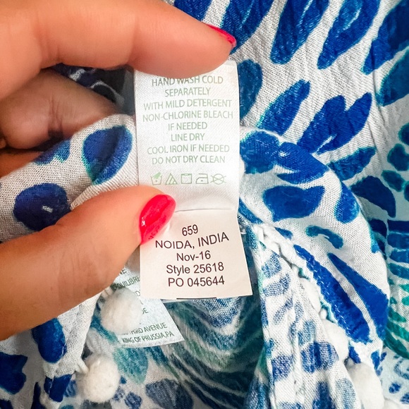 Lilly Pulitzer Off the Shoulder Nita Blue and White Pom Pom Bell Sleeve Top - Picture 2 of 8